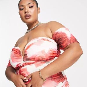 ASOS Curve - wire bardot ruche mesh midi dress in rose floral print